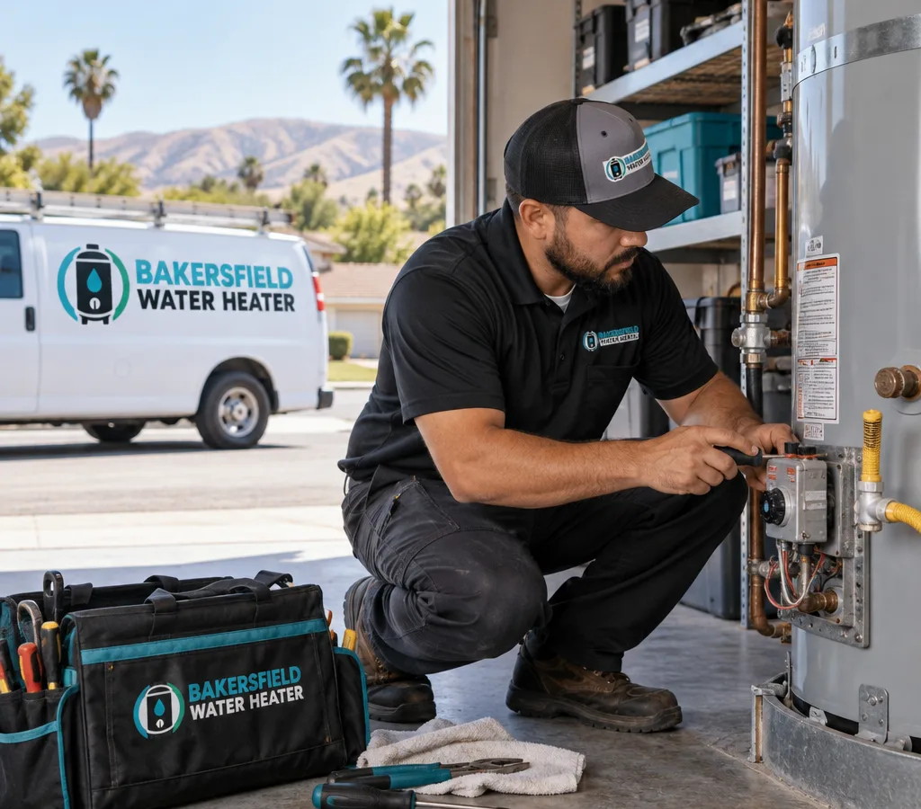 Technician diagnosing a residential tank water heater in a Bakersfield garage