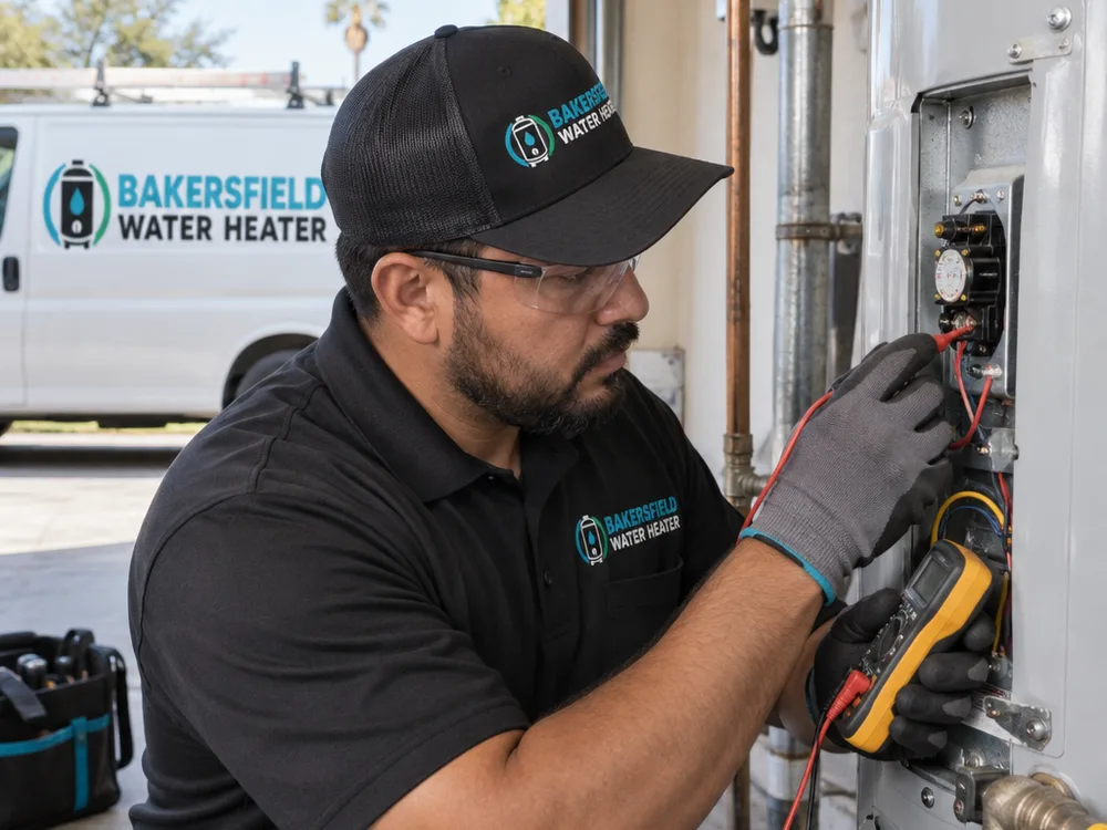 Technician testing a water heater thermostat and its electrical connections with a multimeter