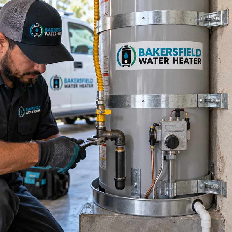Correctly installed water heater with seismic straps, shutoff valve, sediment trap, and drain pan connection