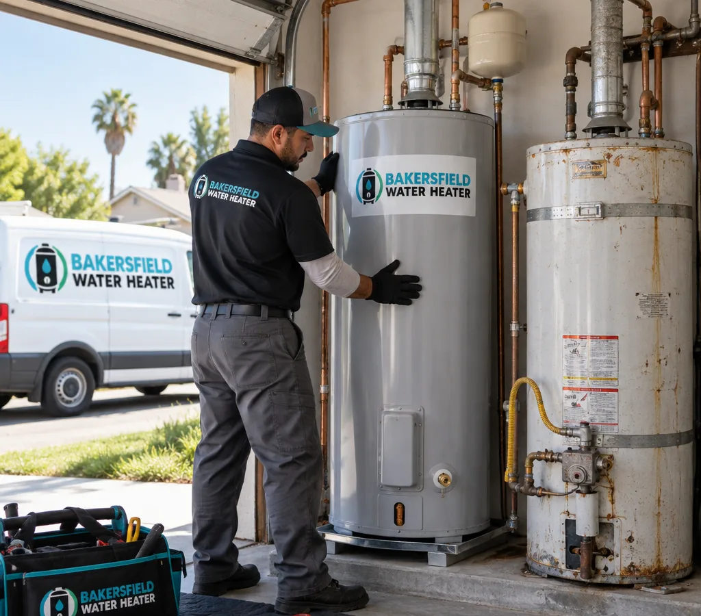 Plumber staging a new water heater beside an older unit in a Bakersfield garage
