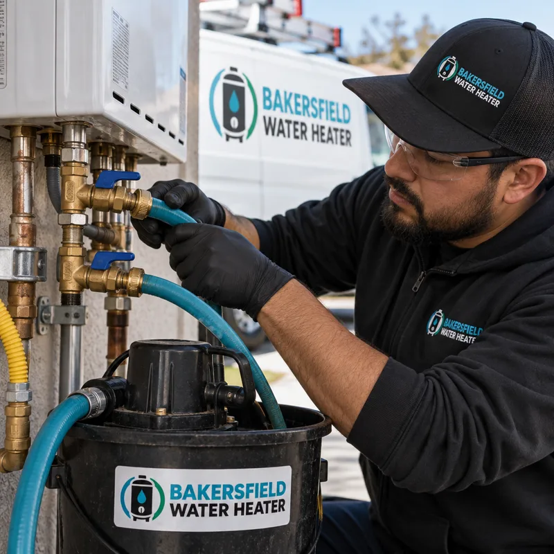 Technician connecting hoses to tankless isolation and flush valves with a pump bucket setup for descaling the heat exchanger