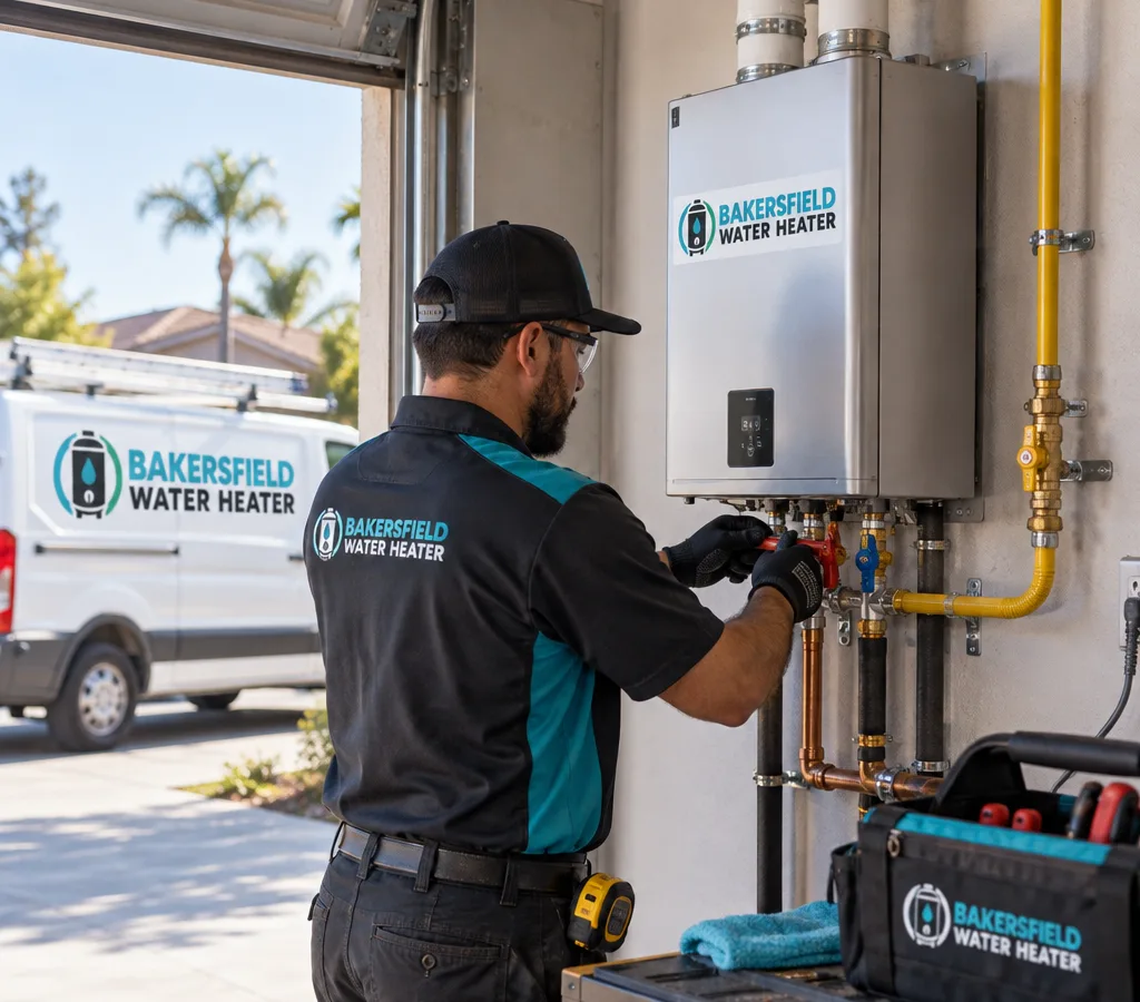 Licensed technician installing a wall-mounted tankless water heater in a Bakersfield garage utility area with visible gas shutoff, isolation valves, and venting