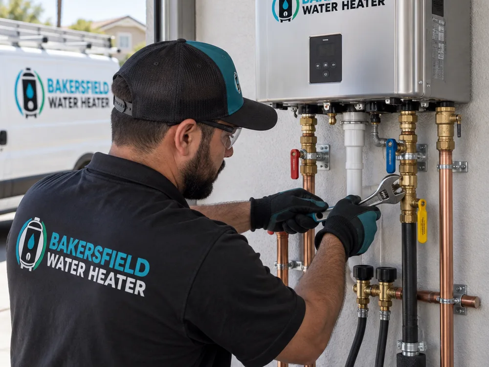 Tankless water heater piping assembly with isolation valves, pressure relief line, and flush service ports