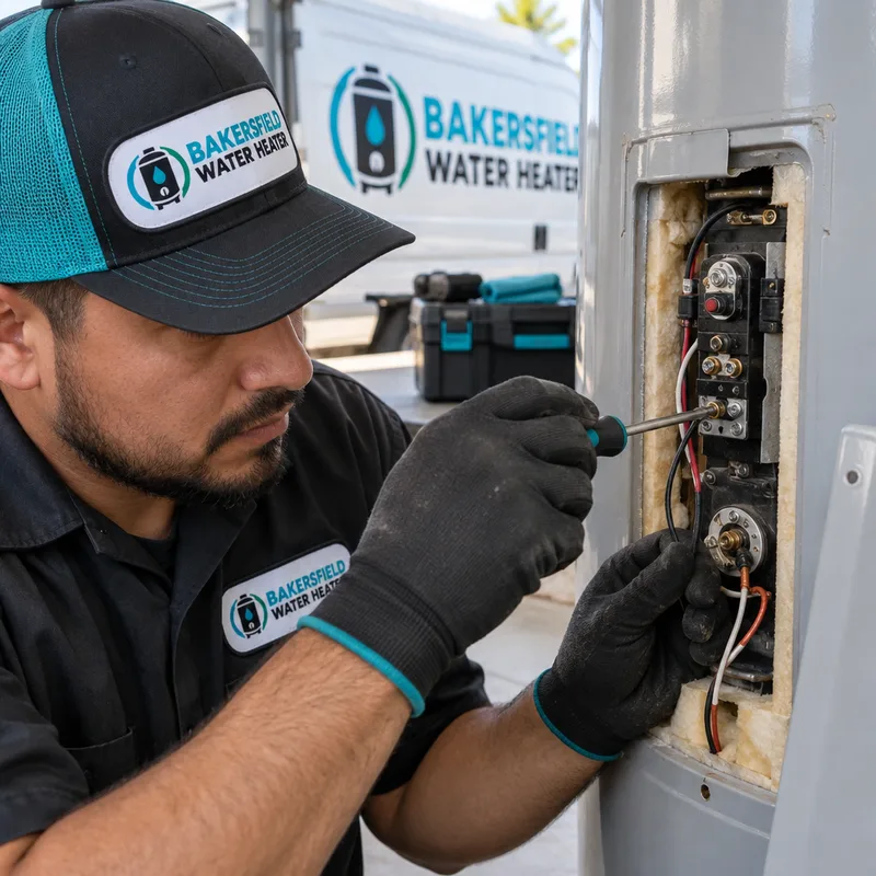 Electric water heater thermostat and wiring inspected during element diagnosis