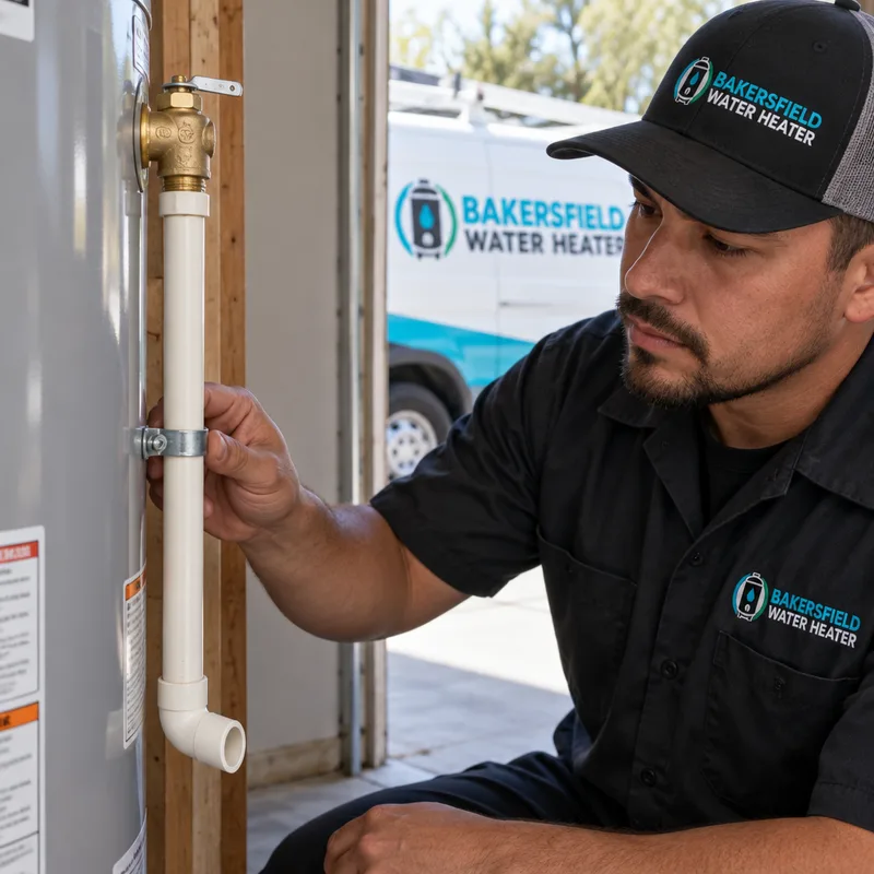 Properly routed water heater temperature and pressure relief valve discharge line