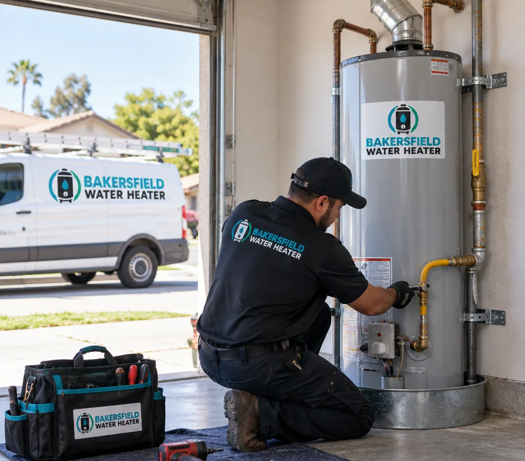 Technician installing a gas water heater with visible venting and gas shutoff in a Bakersfield garage