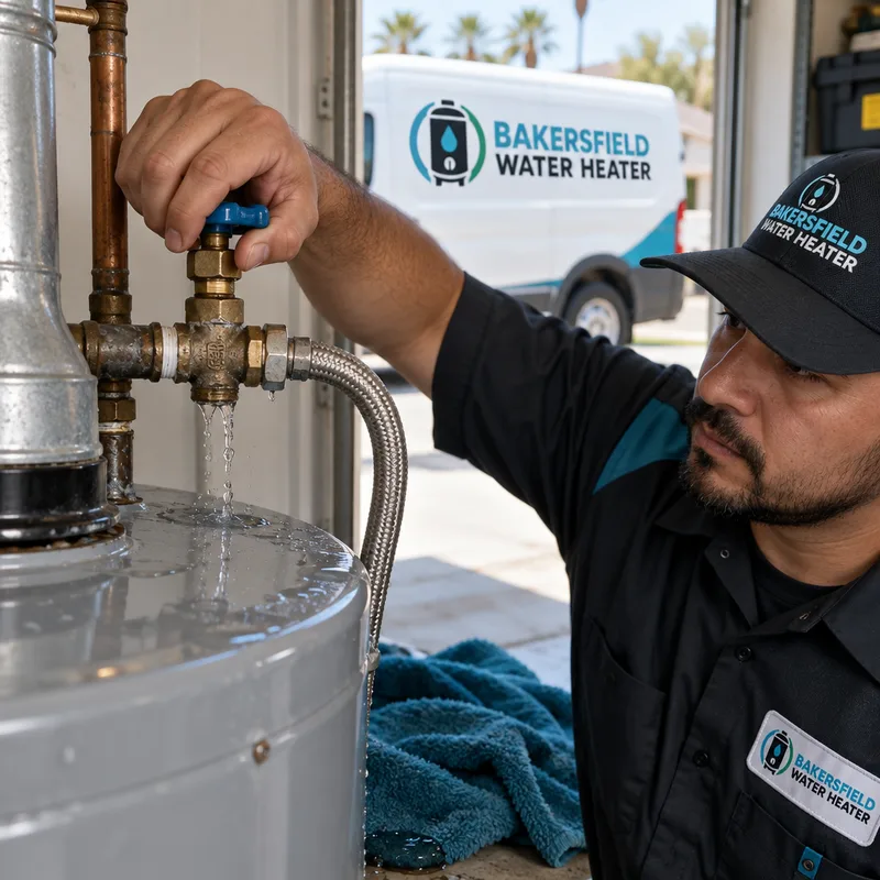 Technician turning the cold-water shutoff valve above a leaking water heater