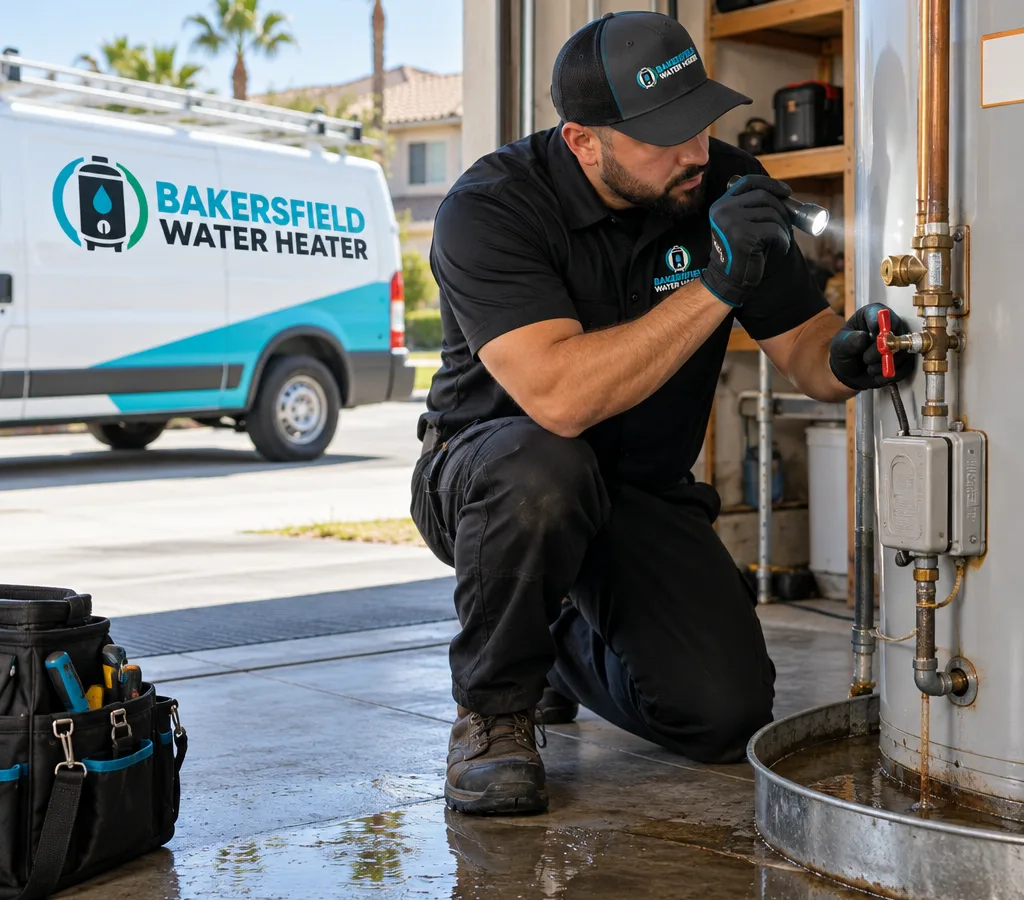 Technician inspecting a leaking residential water heater, floor pan, fittings, and shutoff valve