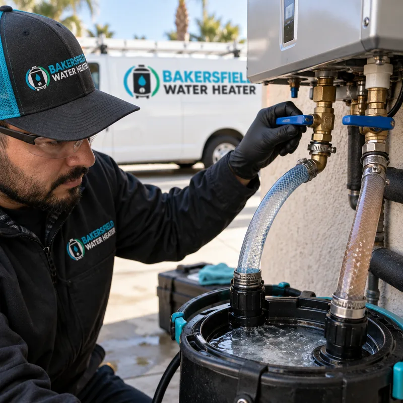 Isolation valves, service ports, and hoses connected for a commercial tankless descaling flush while a technician verifies flow and return