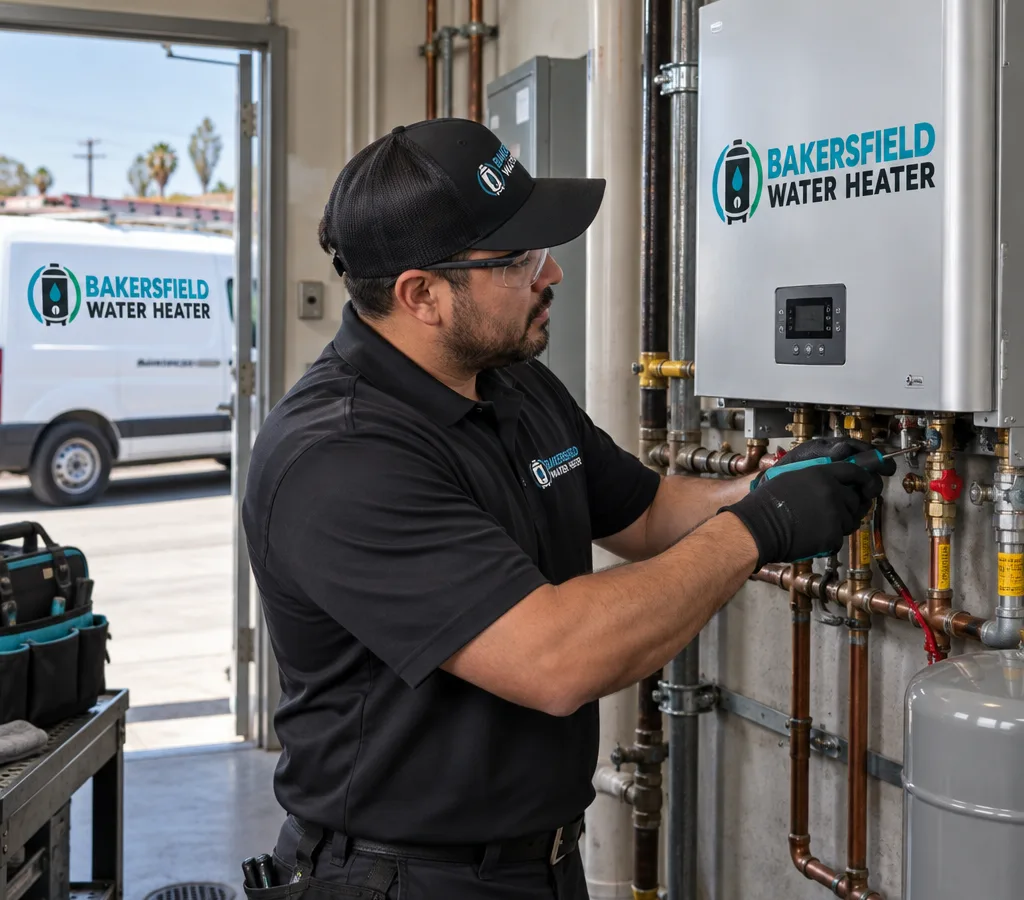 Technician servicing a wall-mounted commercial tankless water heater in a mechanical room with valves, venting, and service ports visible