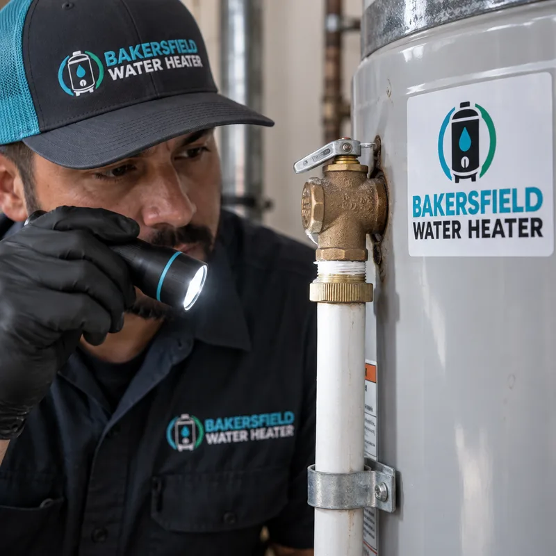 Technician inspecting a water heater temperature and pressure relief valve and discharge pipe