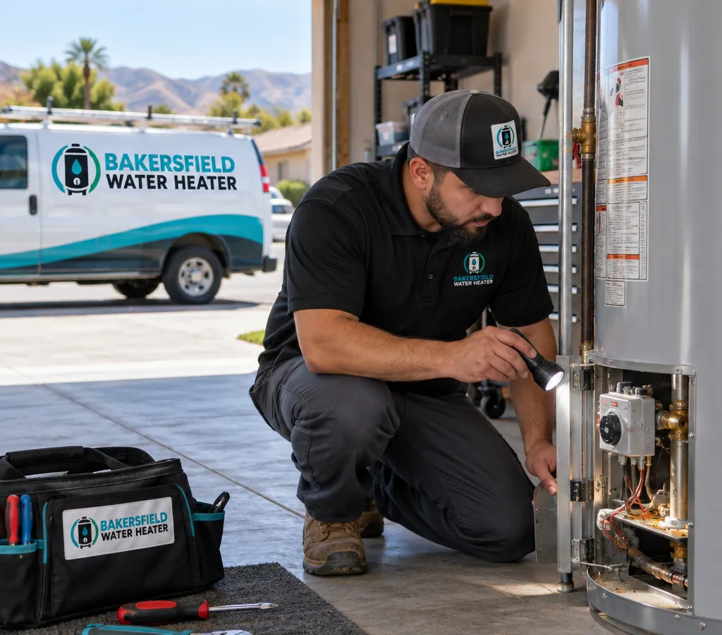 Technician inspecting a residential water heater burner compartment and connections in a clean garage
