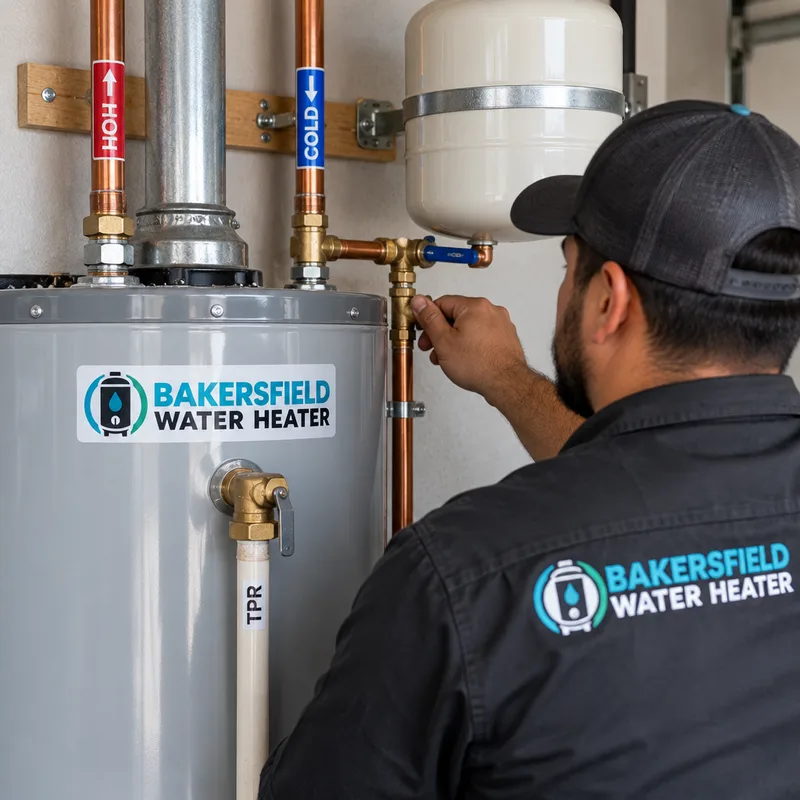Close-up of a properly installed water heater with TPR discharge pipe, shutoff, expansion tank, and neatly routed labeled water lines