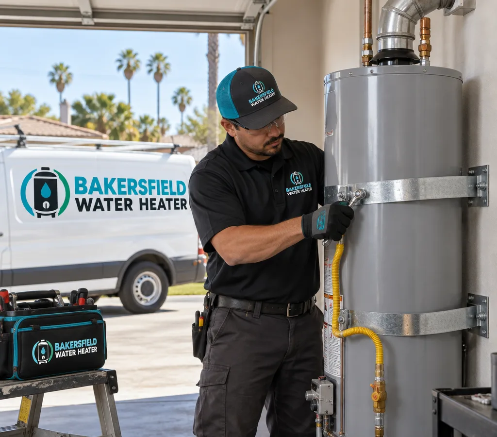 Plumber installing a tank water heater with earthquake straps and neat utility connections in a residential garage