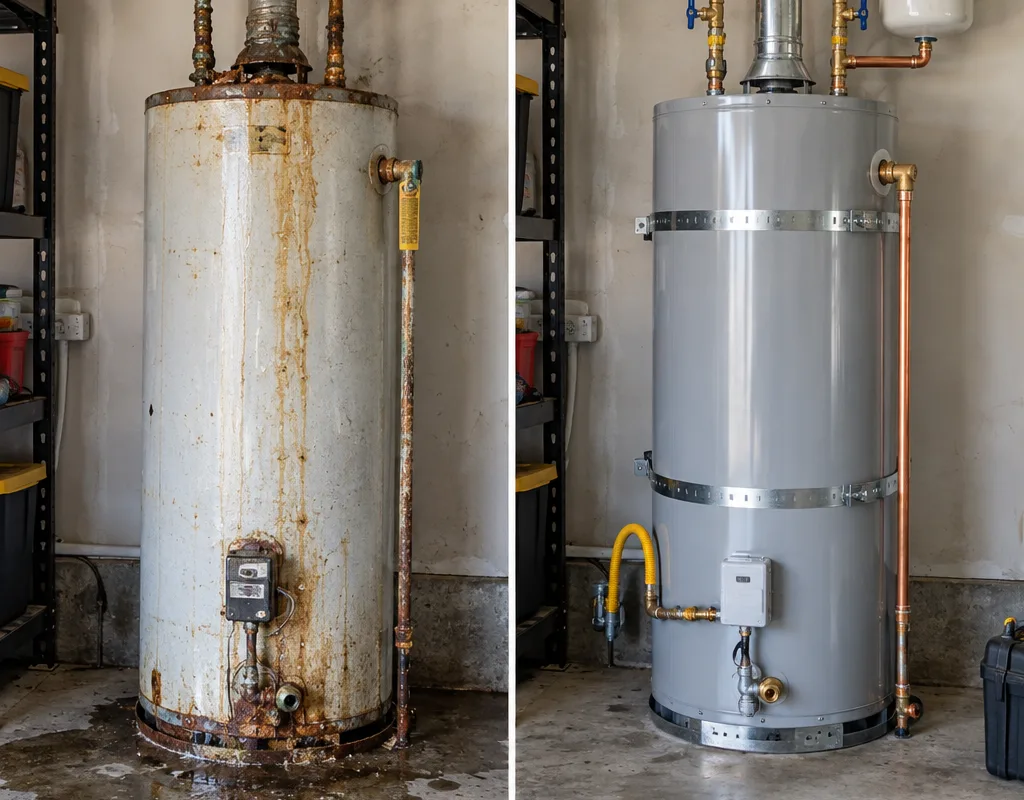 Before and after of a leaking garage water heater replaced with new shutoff and clean piping