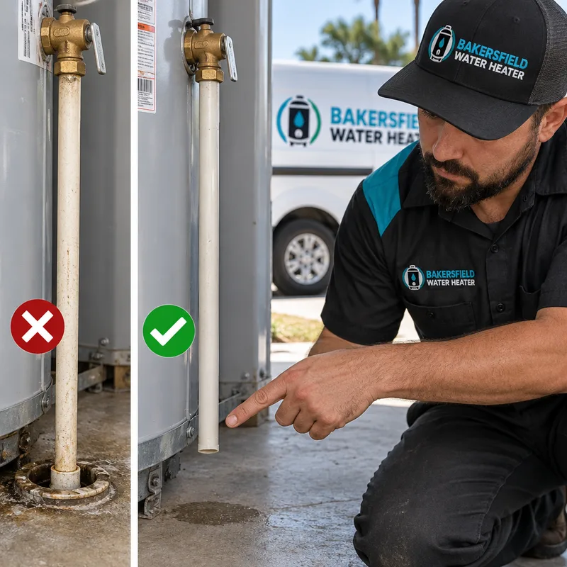 Correctly installed temperature and pressure relief valve discharge pipe