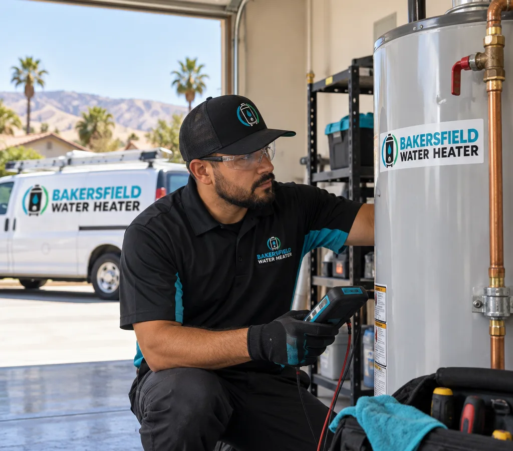 Technician inspecting a residential water heater with diagnostic tools and a visible shutoff valve
