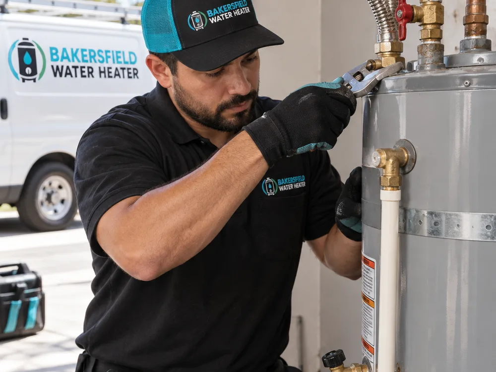Water heater shutoff valve, flex lines, relief valve piping, and drain valve showing common leak points