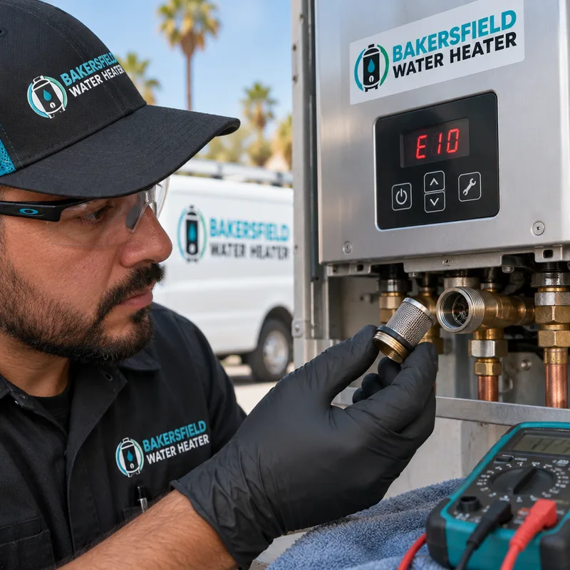Technician checking a tankless water heater inlet screen, display error code, and electrical readings