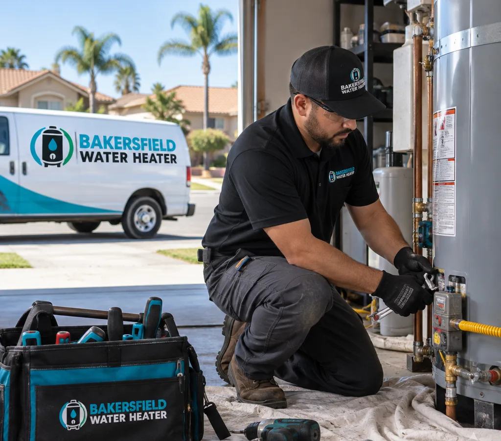 Technician performing a same-day residential water heater repair in a garage utility area