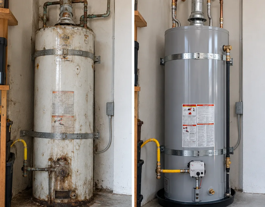 Before-and-after water heater replacement with upgraded shutoff, connectors, and tidy venting