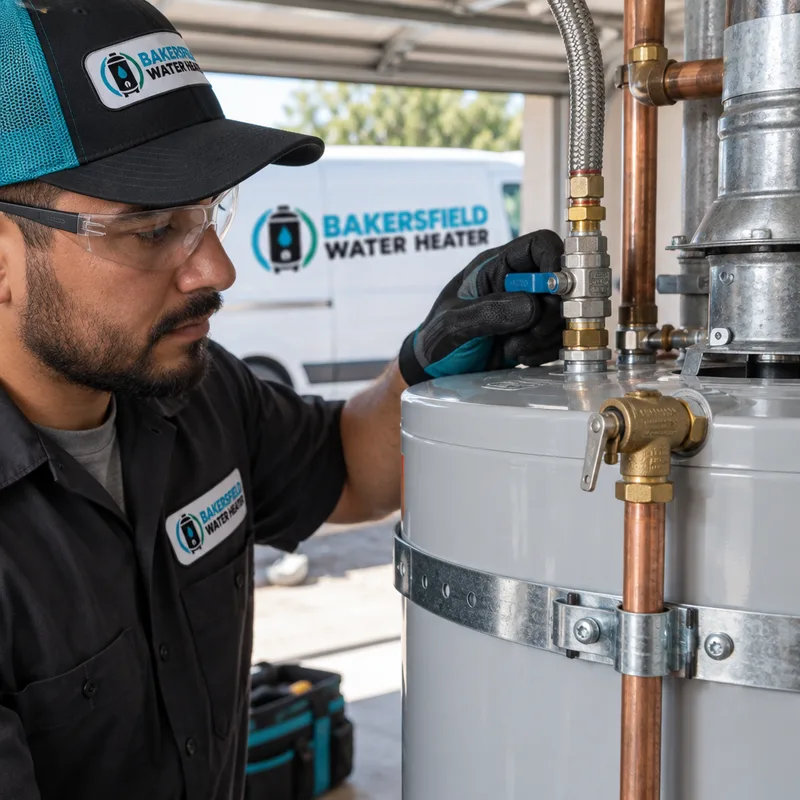 Water heater safety connections including relief valve, shutoff, flexible connector, and seismic strap