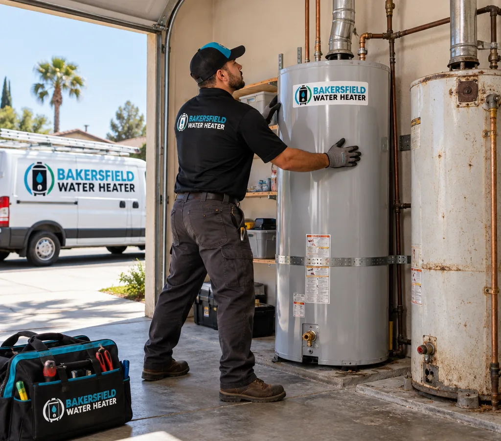 Technician positioning a new water heater beside an old unit in a garage utility area