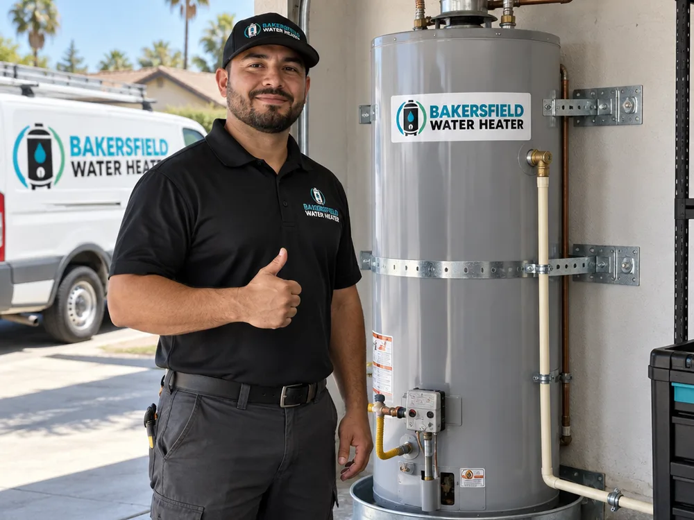Finished garage water heater installation with seismic strapping, drain pan, and routed relief discharge line