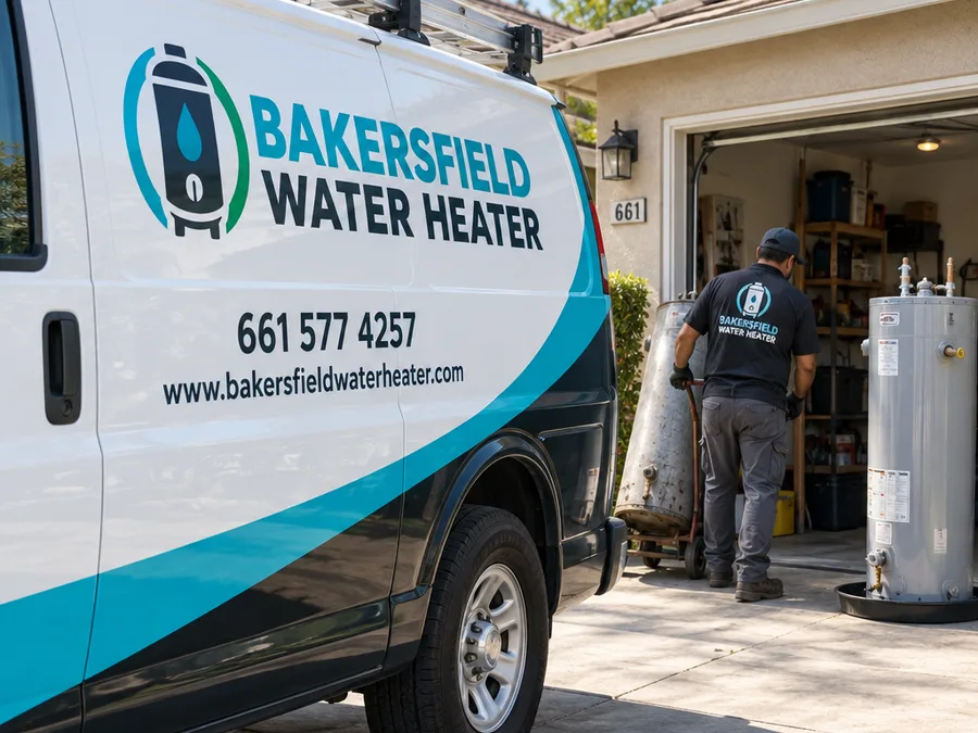 Technician removing an old tank and staging a new water heater in a Bakersfield garage