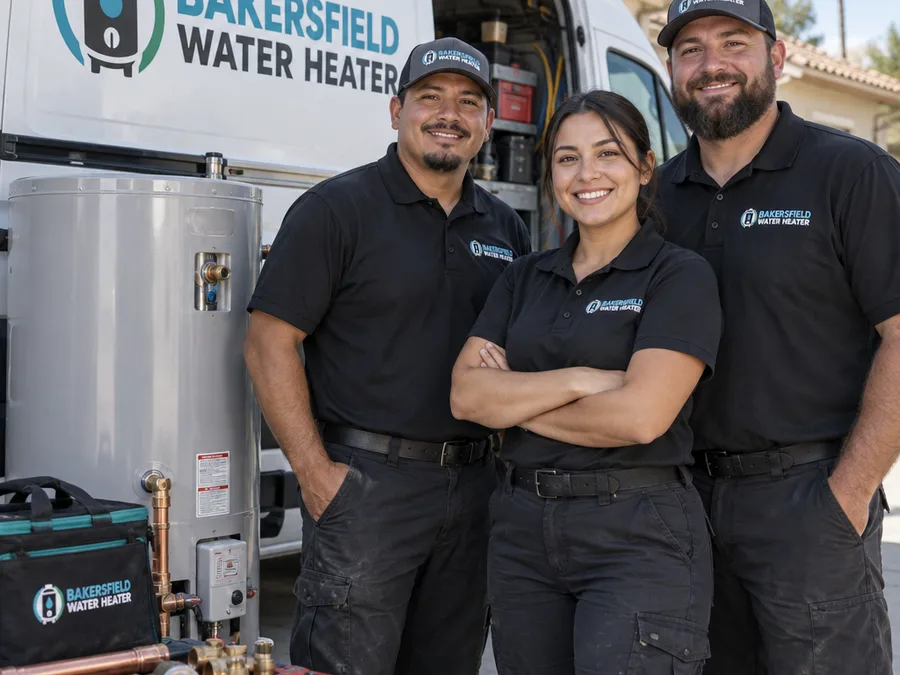 Bakersfield Water Heater team member beside service equipment and water heater parts